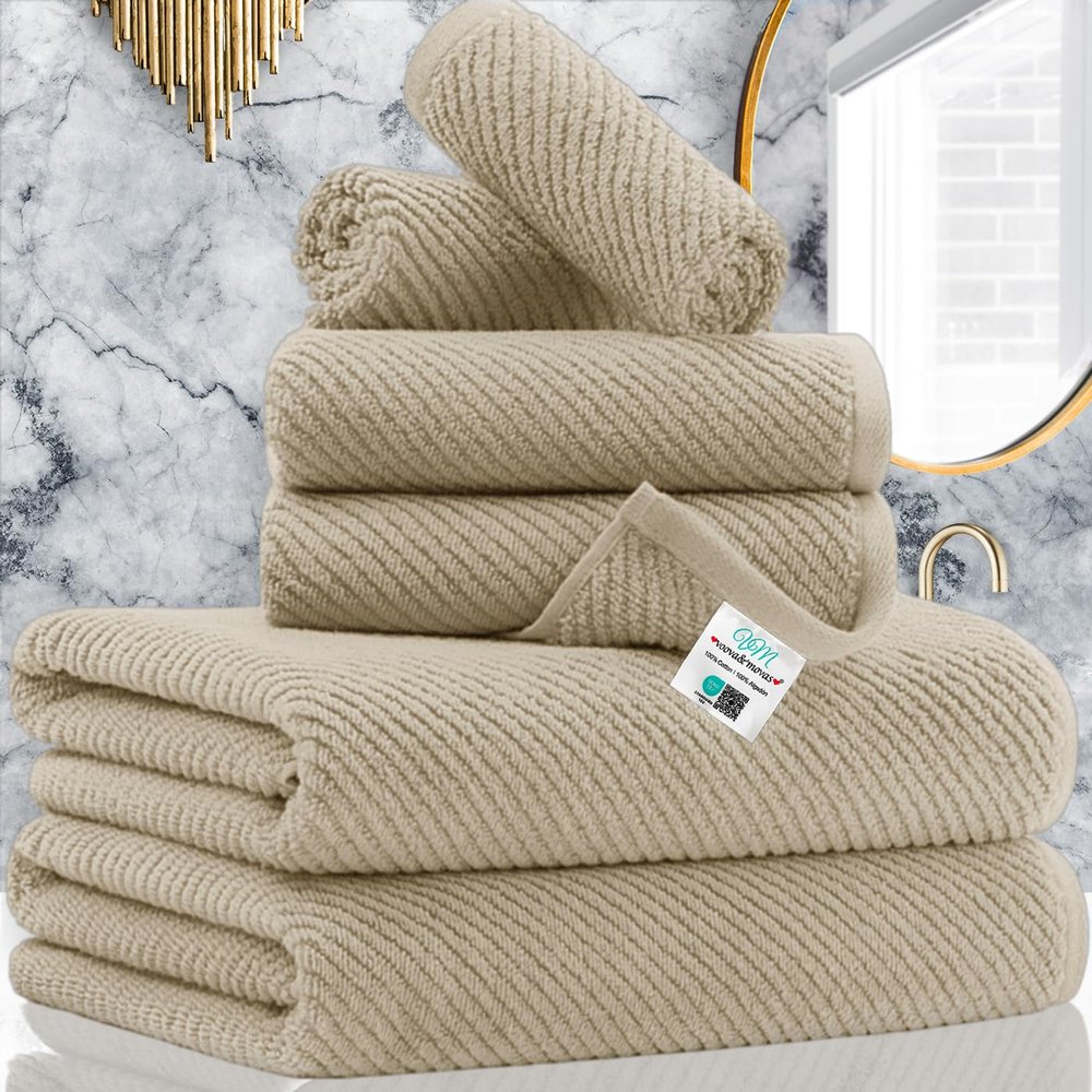 VOOVA & MOVAS Tan Bath Towels - 100% Cotton | Lightweight | Soft | Thick, 2 Bath 30"x56", 2 Hand 18"x28", 2 Washcloths 13"x13", Quick Dry Towels for Showering, Luxury Towel Gift Set, Dark Beige