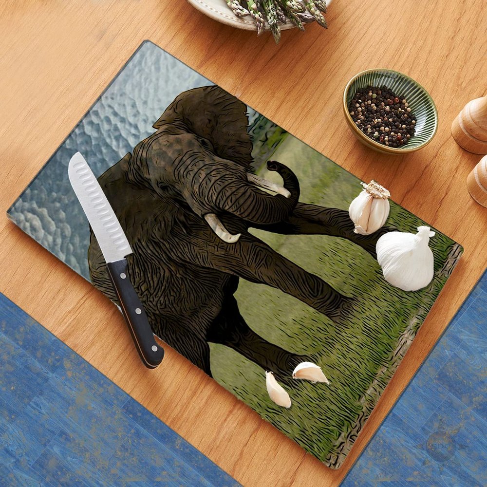 African Elephant Cutting Board Counter Decorative Glass Cutting Board, Trivet, Kitchen Counter Art