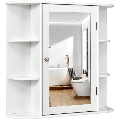 hysache Bathroom Medicine Cabinet, Wall Mount Mirrored Storage Cabinets w/Single Door & Adjustable Shelf, Multipurpose Wooden Organizer for Hallway Living Room Bedroom (White)