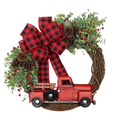VALINK Christmas Artificial Wreath, Christmas Truck Wreath Vintage Handmade Rattan Garland Plaid Bow Front Door Pendant for Home Garden Farmhouse Decor