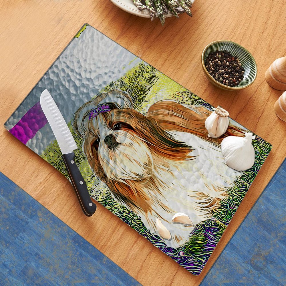 Adorable Shih Tzu Puppy Cutting Board Counter Decorative Glass Cutting Board, Trivet, Kitchen Counter Art