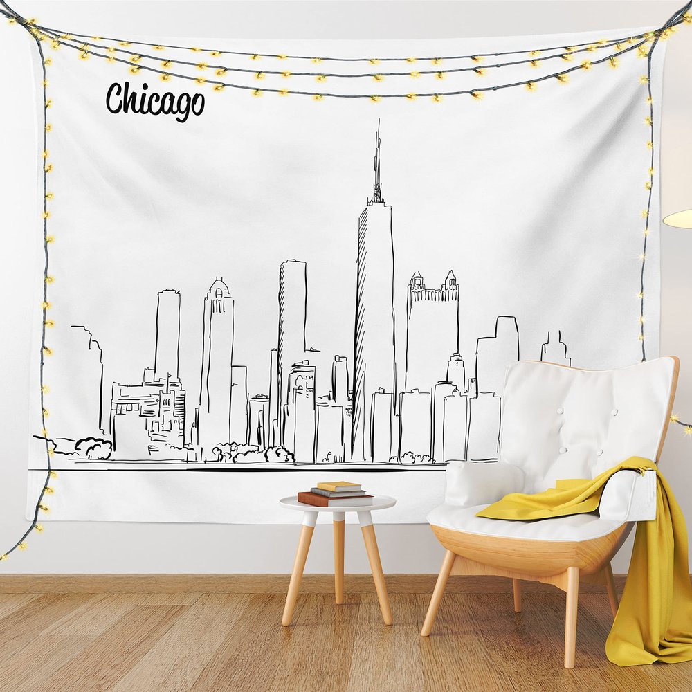 Ambesonne Chicago Skyline Tapestry, Hand Drawn City Silhouette Downtown Free Hand Sketch of Panoramic Landmark, Fabric Wall Hanging Decor for Bedroom Living Room Dorm, 45" X 30", Black White