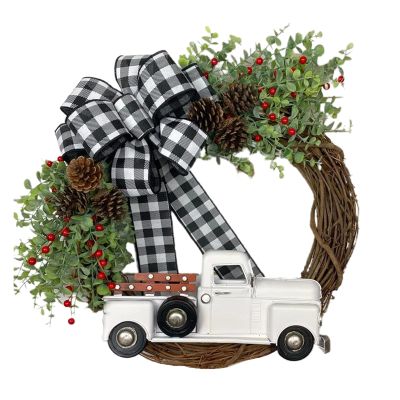 VALINK Christmas Artificial Wreath, Christmas Truck Wreath Vintage Handmade Rattan Garland Plaid Bow Front Door Pendant for Home Garden Farmhouse Decor