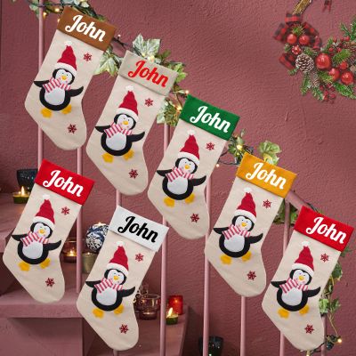 Betenshtresk Christmas Stockings Personalized Name Penguin Set of 7, Custom Xmas Stocking Gift Family Hanging Decorations