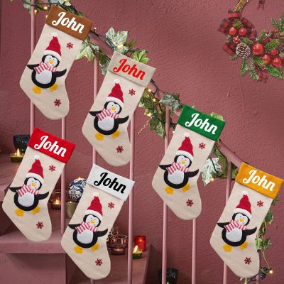 Betenshtresk Christmas Stockings Personalized Name Penguin Set of 6, Custom Xmas Stocking Gift Family Hanging Decorations