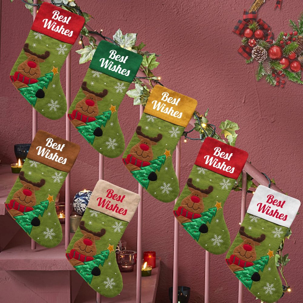 Betenshtresk Christmas Stockings Personalized Name Elk Set of 7, Custom Xmas Stocking Gift Family Hanging Decorations