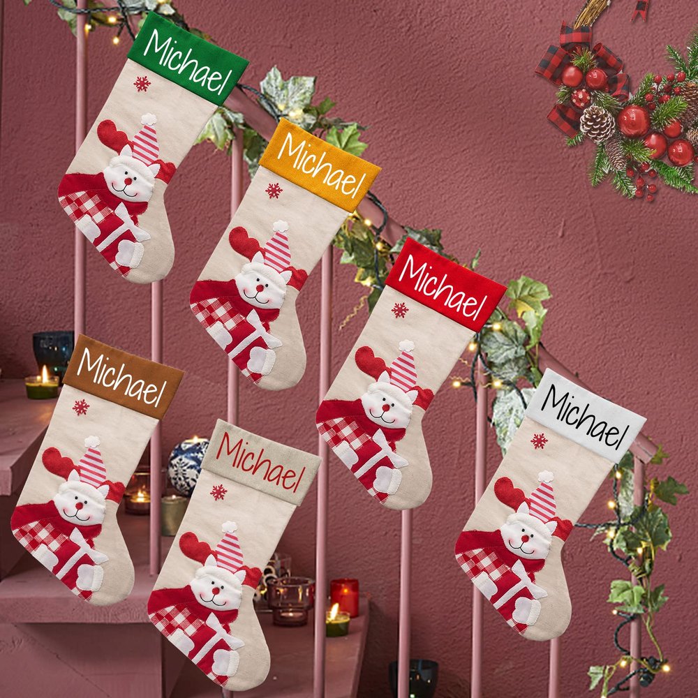 Betenshtresk Christmas Stockings Personalized Name Bear Set of 6, Custom Xmas Stocking Gift Family Hanging Decorations