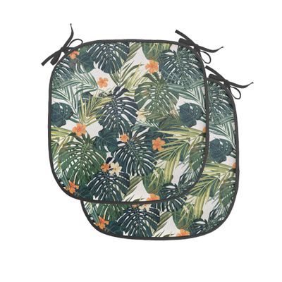Ambesonne Green Chair Seating Cushion Set of 2, Hawaiian Summer Aloha Pattern Tropical Plants and Hibiscus Flowers, Anti-Slip Seat Padding for Kitchen & Patio, 16"x16", Green Dark Teal Orange