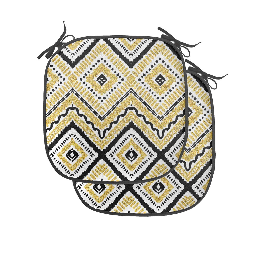 Ambesonne Ethnic Chair Seating Cushion Set of 4, Native Motif with Rhombus Pattern Dots and Chevron Waves Print, Anti-Slip Seat Padding for Kitchen & Patio, 16"x16", Yellow Black and White