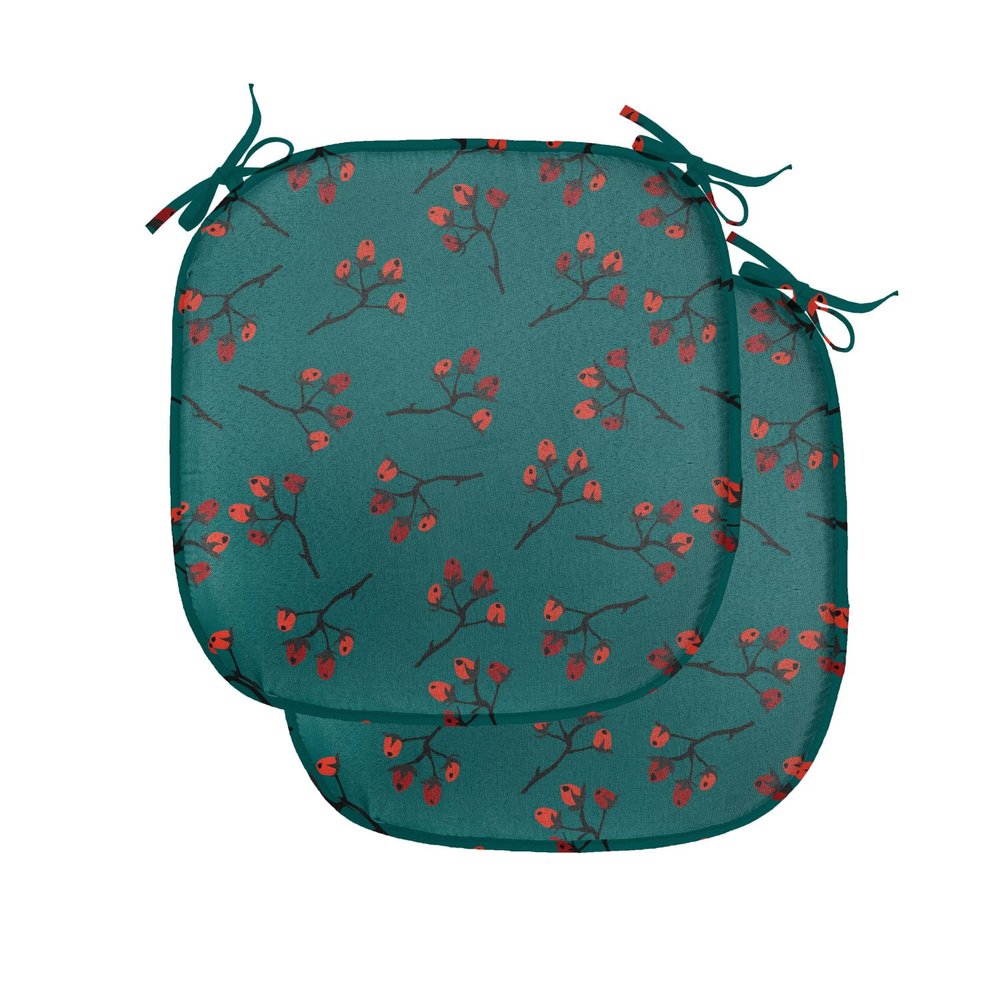 Ambesonne Teal Chair Seating Cushion Set of 2, Whimsical Modern Style Berry Christmas Pattern Hand Drawn Rustic Traditional, Anti-Slip Seat Padding for Kitchen & Patio, 16"x16", Teal Ruby Vermilion