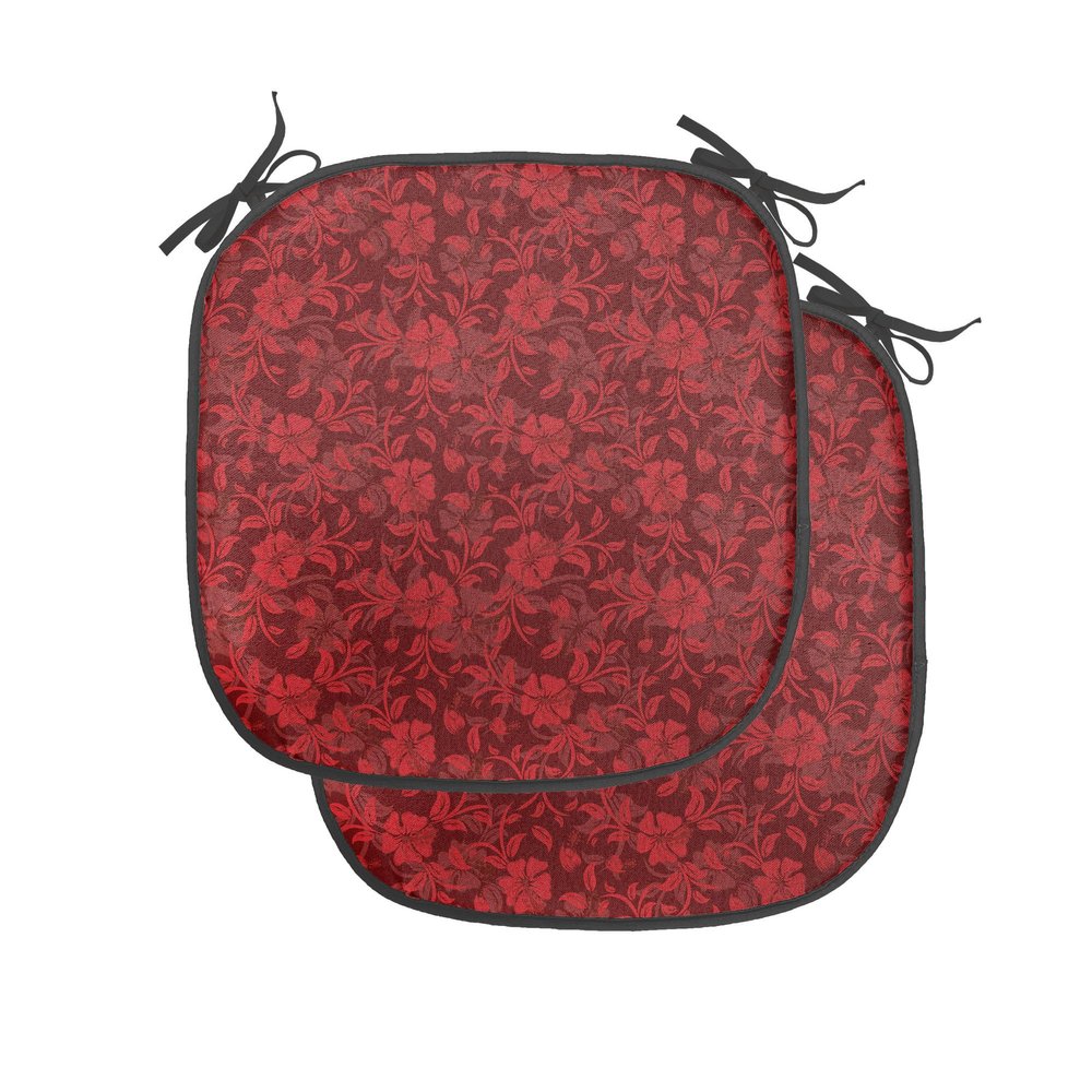 Ambesonne Flower Chair Seating Cushion Set of 2, Floral Details with Leaves Swirls Romantic Vivid Vibrant Pattern Art Print, Anti-Slip Seat Padding for Kitchen & Patio, 16"x16", Burgundy and Red