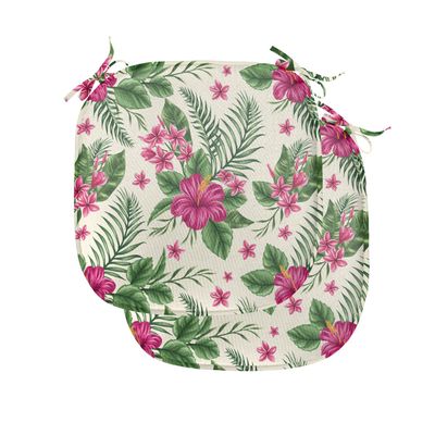 Ambesonne Watercolor Chair Seating Cushion Set of 2, Plumeria and Hibiscus Flora Tropical Island Nature Aloha Hawaii Jungle, Anti-Slip Seat Padding for Kitchen & Patio, 16"x16", Magenta Cream Green