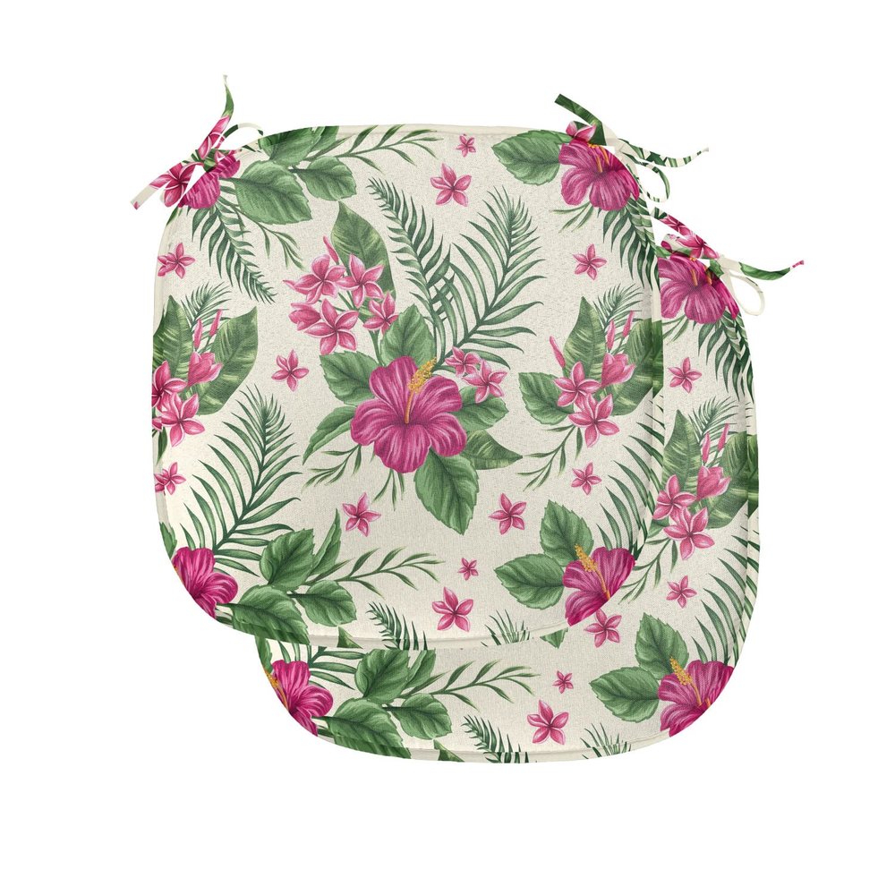 Ambesonne Watercolor Chair Seating Cushion Set of 2, Plumeria and Hibiscus Flora Tropical Island Nature Aloha Hawaii Jungle, Anti-Slip Seat Padding for Kitchen & Patio, 16"x16", Magenta Cream Green