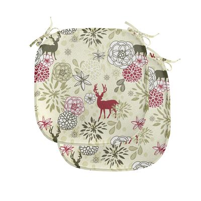 Ambesonne Winter Chair Seating Cushion Set of 2, Deer Silhouettes with Blossoming Flowers Abstract Christmas Nature, Anti-Slip Seat Padding for Kitchen & Patio, 16"x16", Olive Green Pale Green