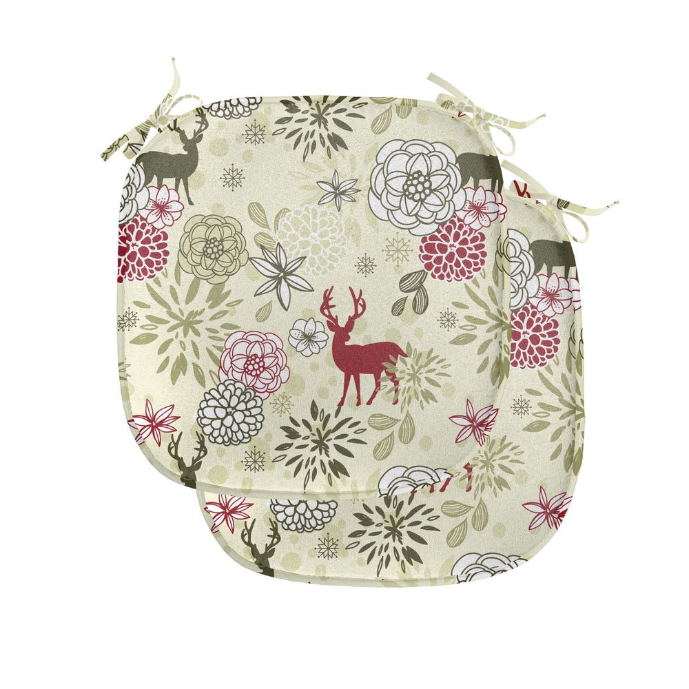 Ambesonne Winter Chair Seating Cushion Set of 2, Deer Silhouettes with Blossoming Flowers Abstract Christmas Nature, Anti-Slip Seat Padding for Kitchen & Patio, 16"x16", Olive Green Pale Green