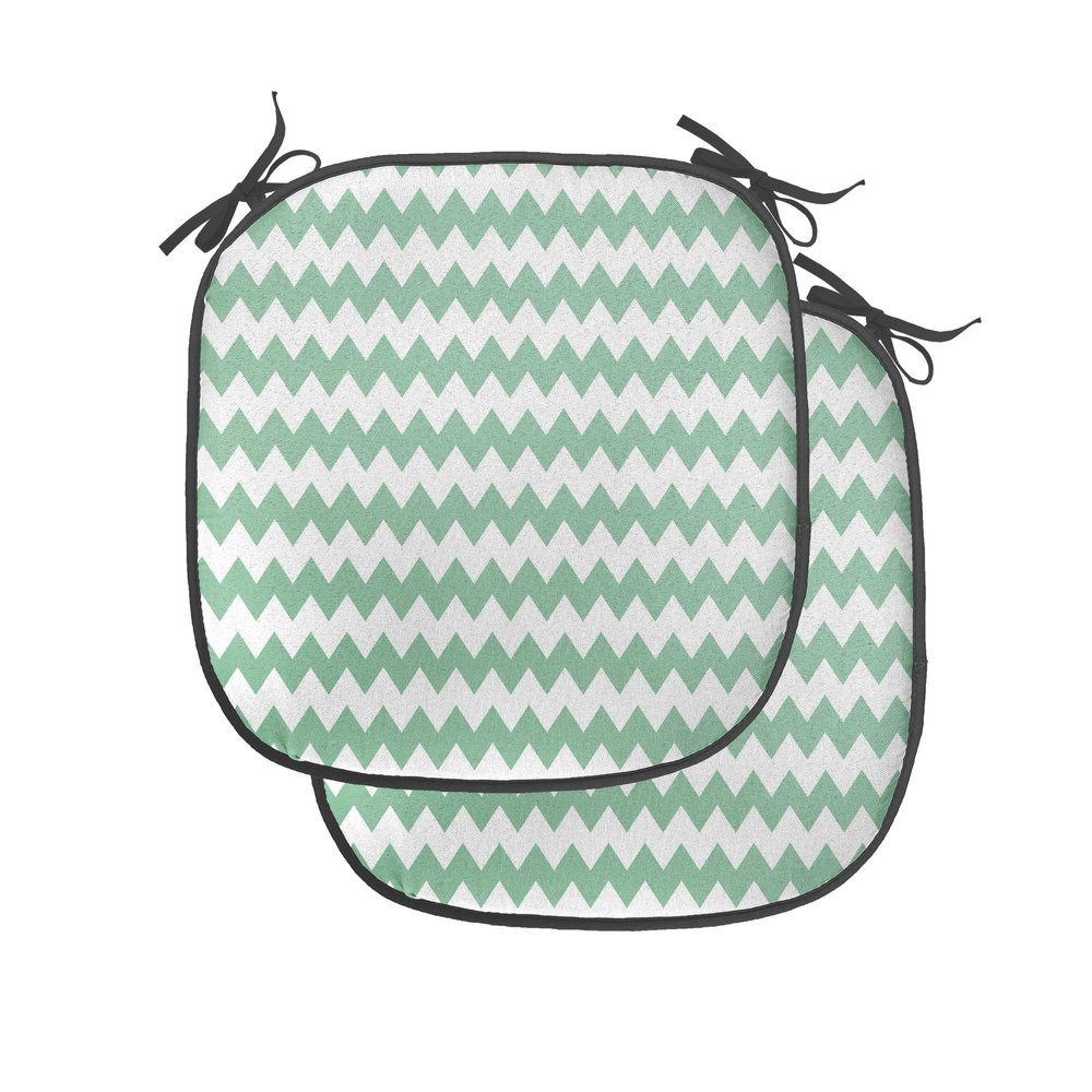 Ambesonne Mint Chair Seating Cushion Set of 2, Chevron Pattern Horizontal Zigzag Twisty Turns Modern Aztec Folk Inspirations, Anti-Slip Seat Padding for Kitchen & Patio, 16"x16", White Jade Green