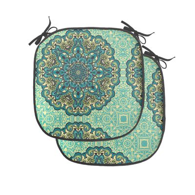 Ambesonne Ethnic Chair Seating Cushion Set of 2, Abstract Flower Arrangement Mandala Style Nature Elements Vibrant, Anti-Slip Seat Padding for Kitchen & Patio, 16"x16", Pale Yellow Turquoise