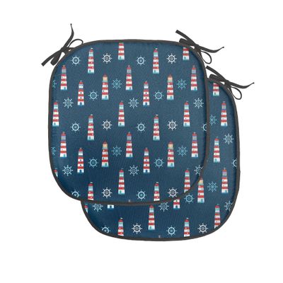 Ambesonne Lighthouse Chair Seating Cushion Set of 2, Abstract Helms Marine Navigation Towers Cartoon Style Pattern, Anti-Slip Seat Padding for Kitchen & Patio, 16"x16", Navy Blue Red White
