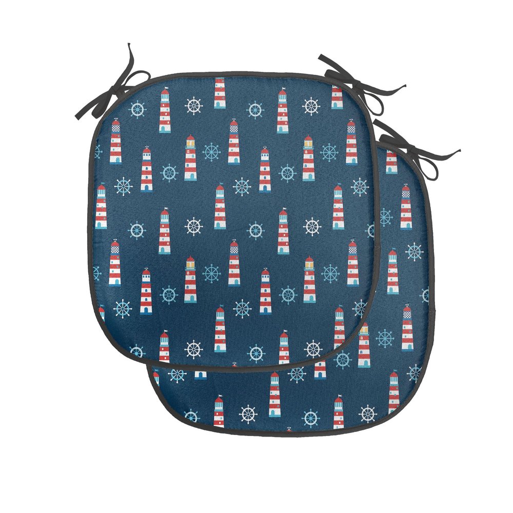 Ambesonne Lighthouse Chair Seating Cushion Set of 2, Abstract Helms Marine Navigation Towers Cartoon Style Pattern, Anti-Slip Seat Padding for Kitchen & Patio, 16"x16", Navy Blue Red White