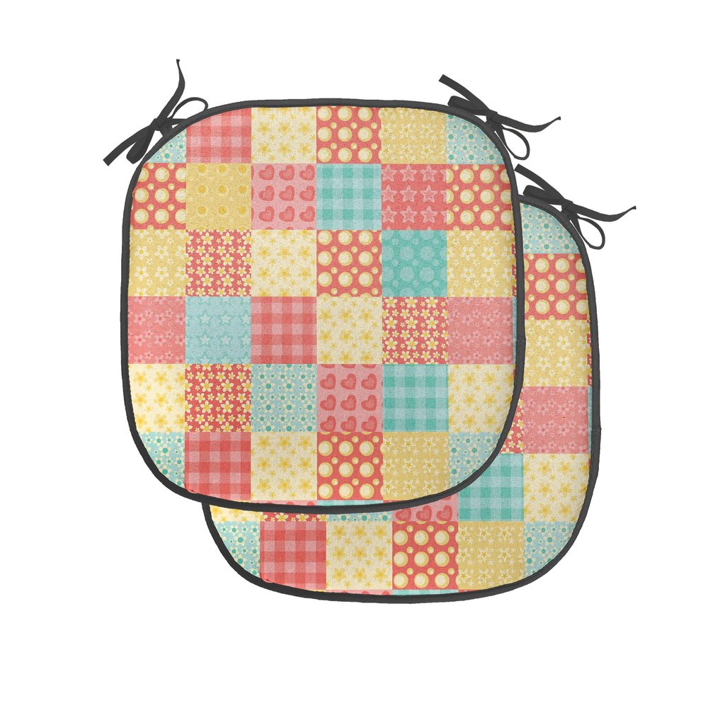 Ambesonne Abstract Chair Seating Cushion Set of 4, Patchwork Style Ornamental Hearts Flowers Dots Stripes Kitchen Design, Anti-Slip Seat Padding for Kitchen & Patio, 16"x16", Coral Yellow Mint Green