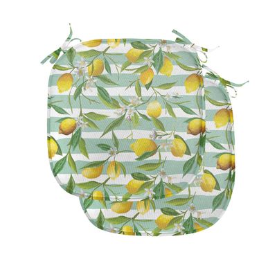 Ambesonne Nature Chair Seating Cushion Set of 2, Blooming Lemon Tree on Striped Paintbrush Background Evergreen Art, Anti-Slip Seat Padding for Kitchen & Patio, 16"x16", Fern Green Seafoam