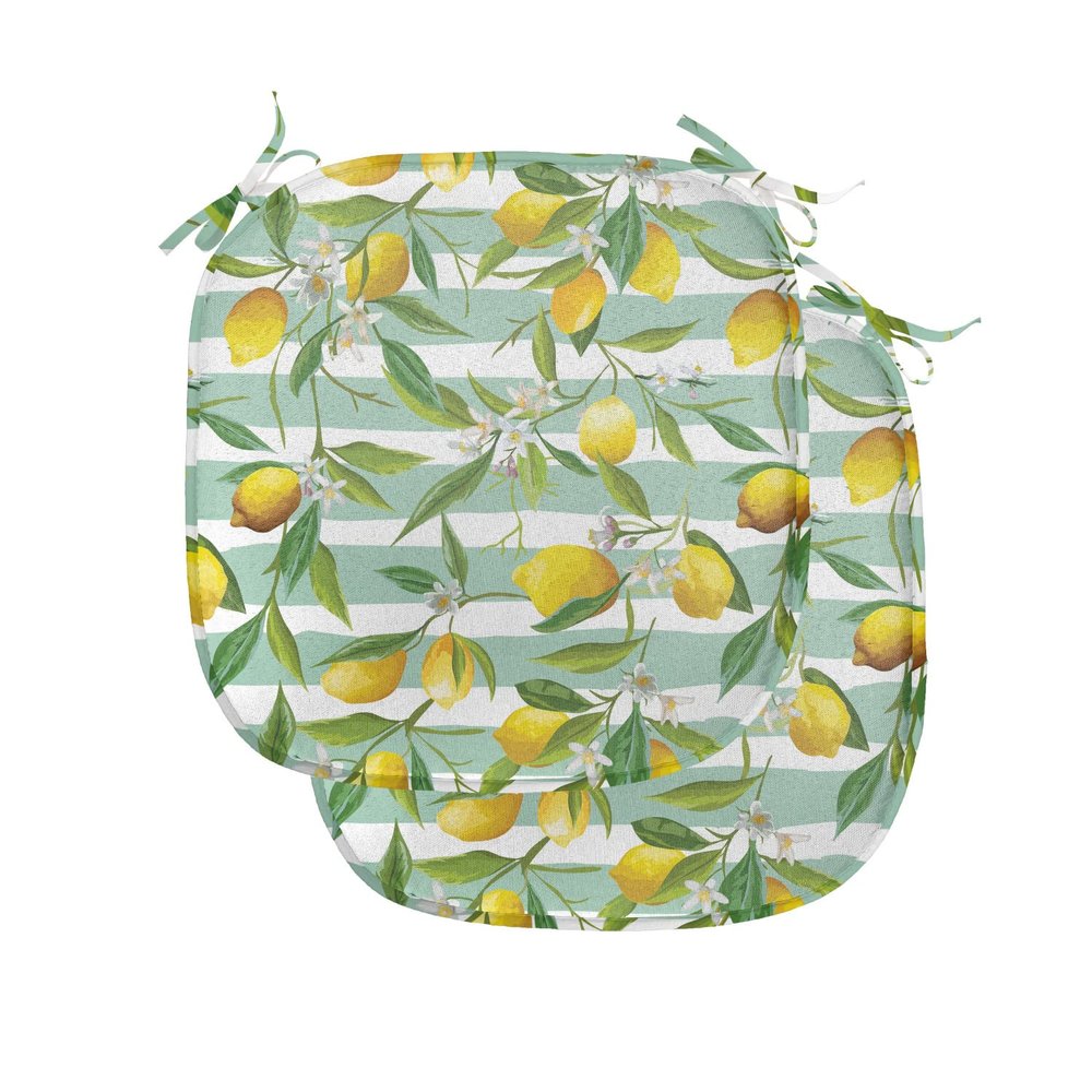 Ambesonne Nature Chair Seating Cushion Set of 2, Blooming Lemon Tree on Striped Paintbrush Background Evergreen Art, Anti-Slip Seat Padding for Kitchen & Patio, 16"x16", Fern Green Seafoam