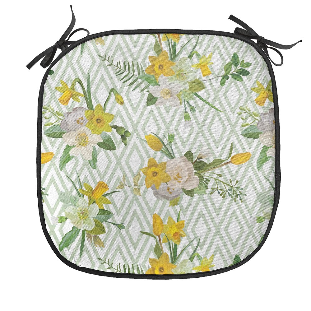 Ambesonne Watercolor Chair Seating Cushion, Diamond Pattern Blooming Floral Arrangement Petals and Leaves, Anti-Slip Seat Padding for Kitchen & Patio, 16"x16", Pale Green Yellow White