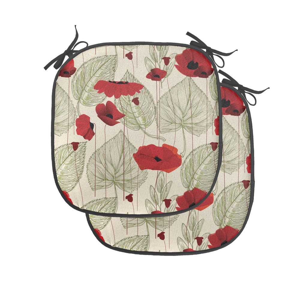 Ambesonne Poppy Flower Chair Seating Cushion Set of 4, Sketchy Tree Leaves Rural Floral Growth Botany Nature Inspired, Anti-Slip Seat Padding for Kitchen & Patio, 16"x16", Scarlet Fern Green Beige
