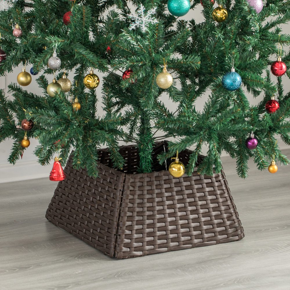 Gardenised Foldable Christmas Tree Skirt Collar Basket, Ring Base Stand Cover, Rattan Plastic, Brown