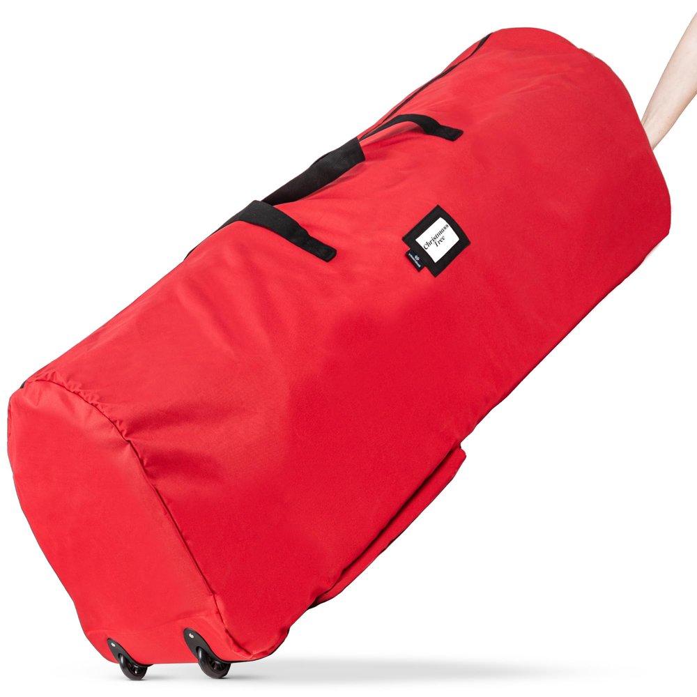 Handy Laundry Christmas Tree Storage Bag with Wheels Fits 9 Ft Artificial Tree, Heavy Duty, Waterproof, Large Zippered Holiday Storage Container, Durable Handles, Red
