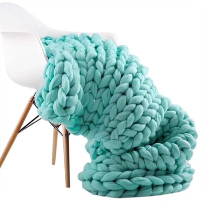 XFYJR Fashion Hand Knitting Chunky Merino Wool Blanket Thick Big Yarn Roving Knitted Yarns Blanket Warm Throw Sofa Cover Blankets (Color : Light Green, Size : 100x120cm)