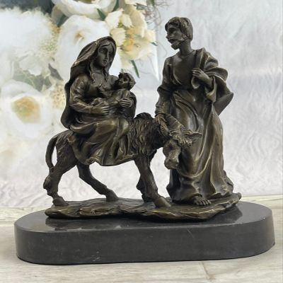 Baby Jesus Mary & Joseph Signed Christian Art Bronze Sculpture Statue Decorative