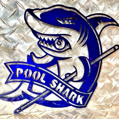 Billards Pool Shark Metal Wall Art Sign & Gift Decor Metallic Blue Powder Coat 27"x22"