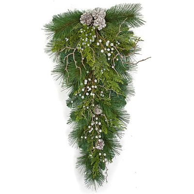 SilksAreForever 32" Artificial Alban Pine, Frosted Berry & Pinecone Teardrop Swag -Green/White (Pack of 2)