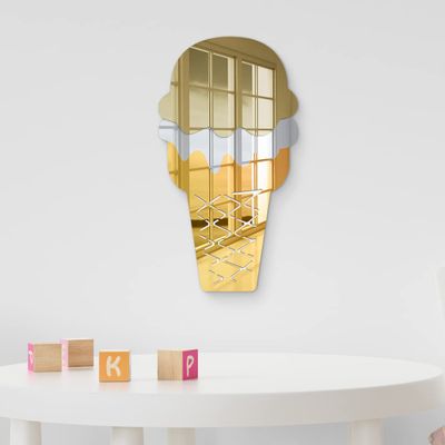 4ArtWorks - Acrylic Gold Wafer Cake Cone Ice Cream Cone Wall Art - Wall Mirror Decoration for Bedrooms, Nursery Room, Dorms