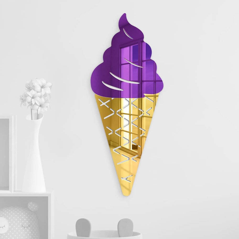 4ArtWorks - Acrylic Ice Cream Cone Grape Wall Art - Ready to Hang Wall Mirror Decoration for Bedrooms, Nursery Room, Dorms, Baby Playroom Accent Mirror - Hand Assembled & Made in The USA