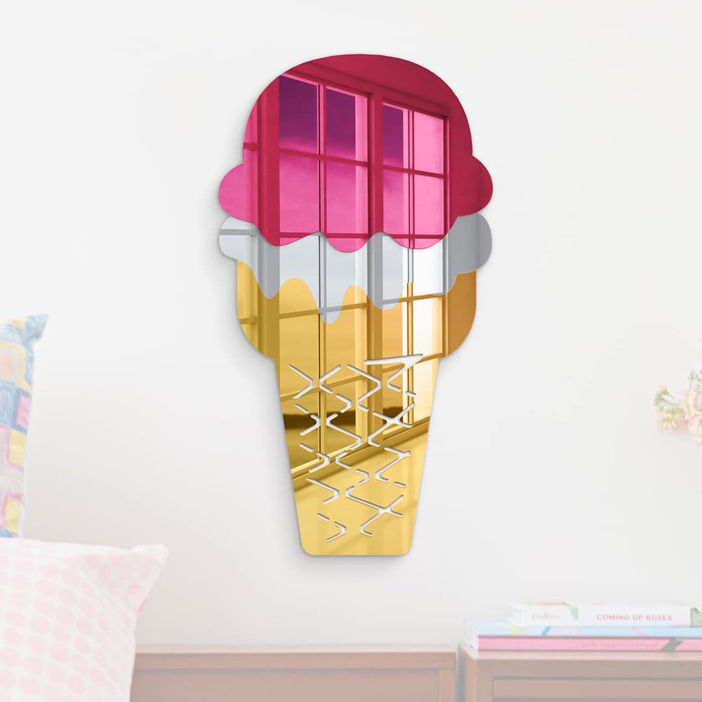 4ArtWorks - Acrylic Strawberry Wafer Cake Cone Ice Cream Cone Wall Art - Wall Mirror Decoration for Bedrooms, Nursery Room, Dorms