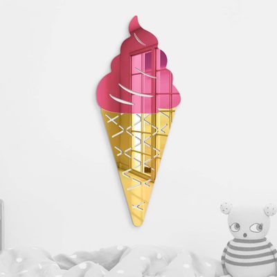 4ArtWorks - Acrylic Ice Cream Cone Strawberry Wall Art - Ready to Hang Wall Mirror Decoration for Bedrooms, Nursery Room, Dorms, Baby Playroom Accent Mirror - Hand Assembled & Made in The USA