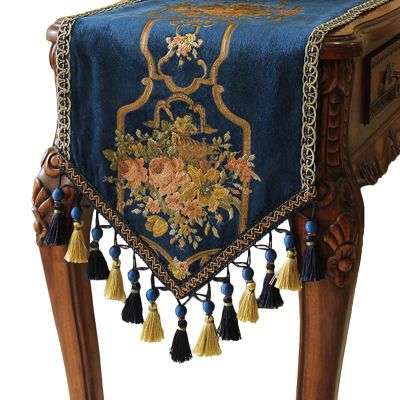 Table Runner RENRUIRUI- Multi- Size Luxury Flowers Embroidered Jacquard, with Handmade Multi-Tassels, for Dining Room Dresser Wedding Party Decorations,Blue (Size : 35280cm)