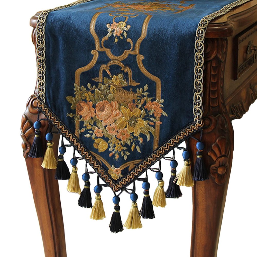 Table Runner RENRUIRUI- Multi- Size Luxury Flowers Embroidered Jacquard, with Handmade Multi-Tassels, for Dining Room Dresser Wedding Party Decorations,Blue (Size : 35280cm)