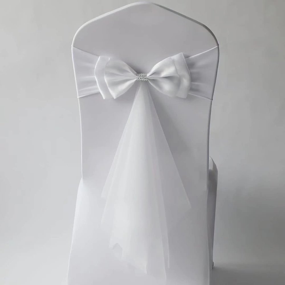 100Pcs Stretch Satin Chair Sashes Bows Chair Bands Decor for Hotel Wedding Reception Party Event Chair Cover Decoration White