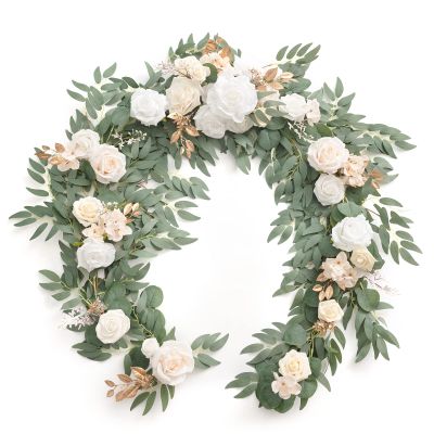 Ling's moment Flower Garland - 6FT Eucalyptus & Rose - Sweetheart Table Decor for Wedding Reception, Artificial Silk Floral Garland for Mantle, Spring, Garden Christmas Decoration, White Beige