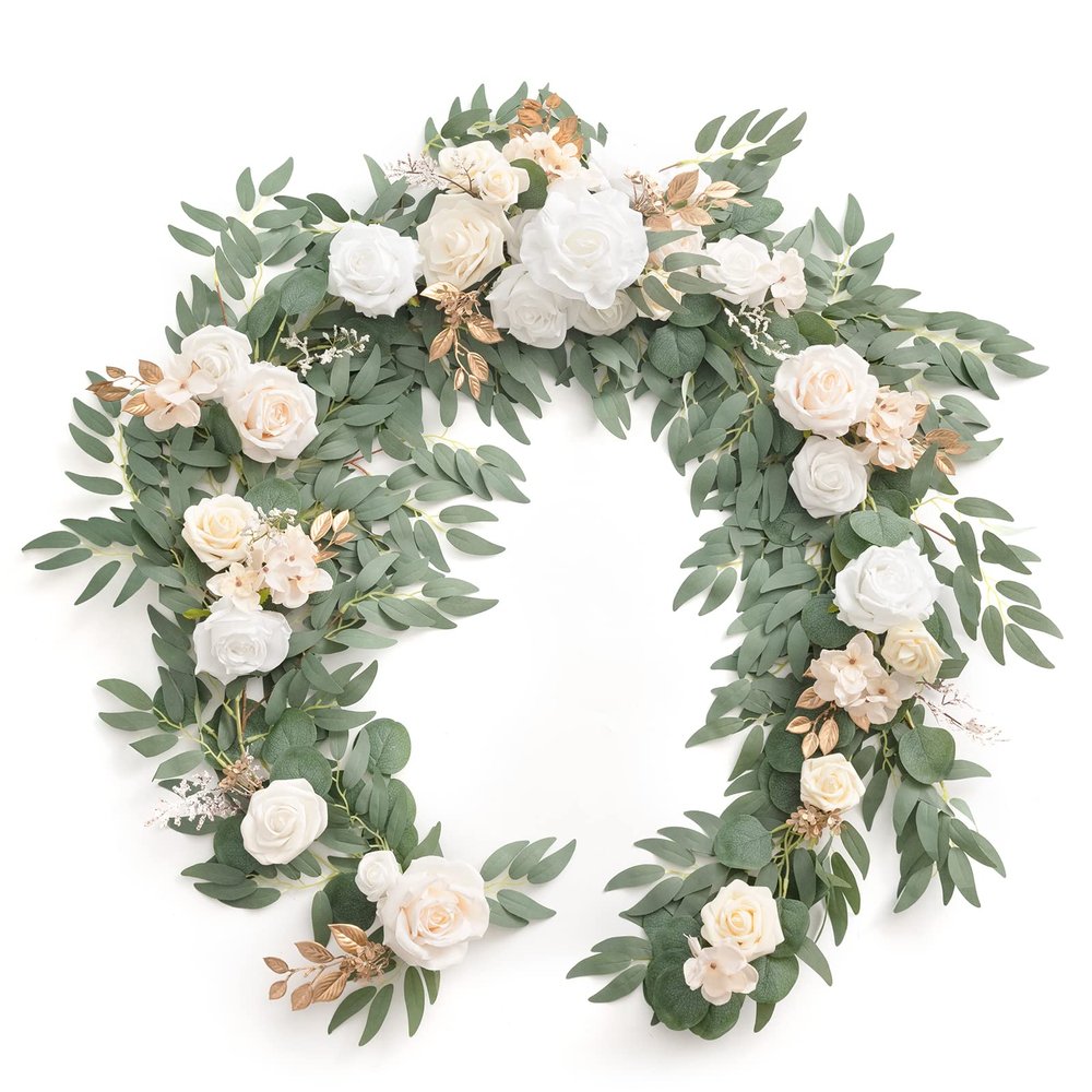 Ling's moment Flower Garland - 6FT Eucalyptus & Rose - Sweetheart Table Decor for Wedding Reception, Artificial Silk Floral Garland for Mantle, Spring, Garden Christmas Decoration, White Beige