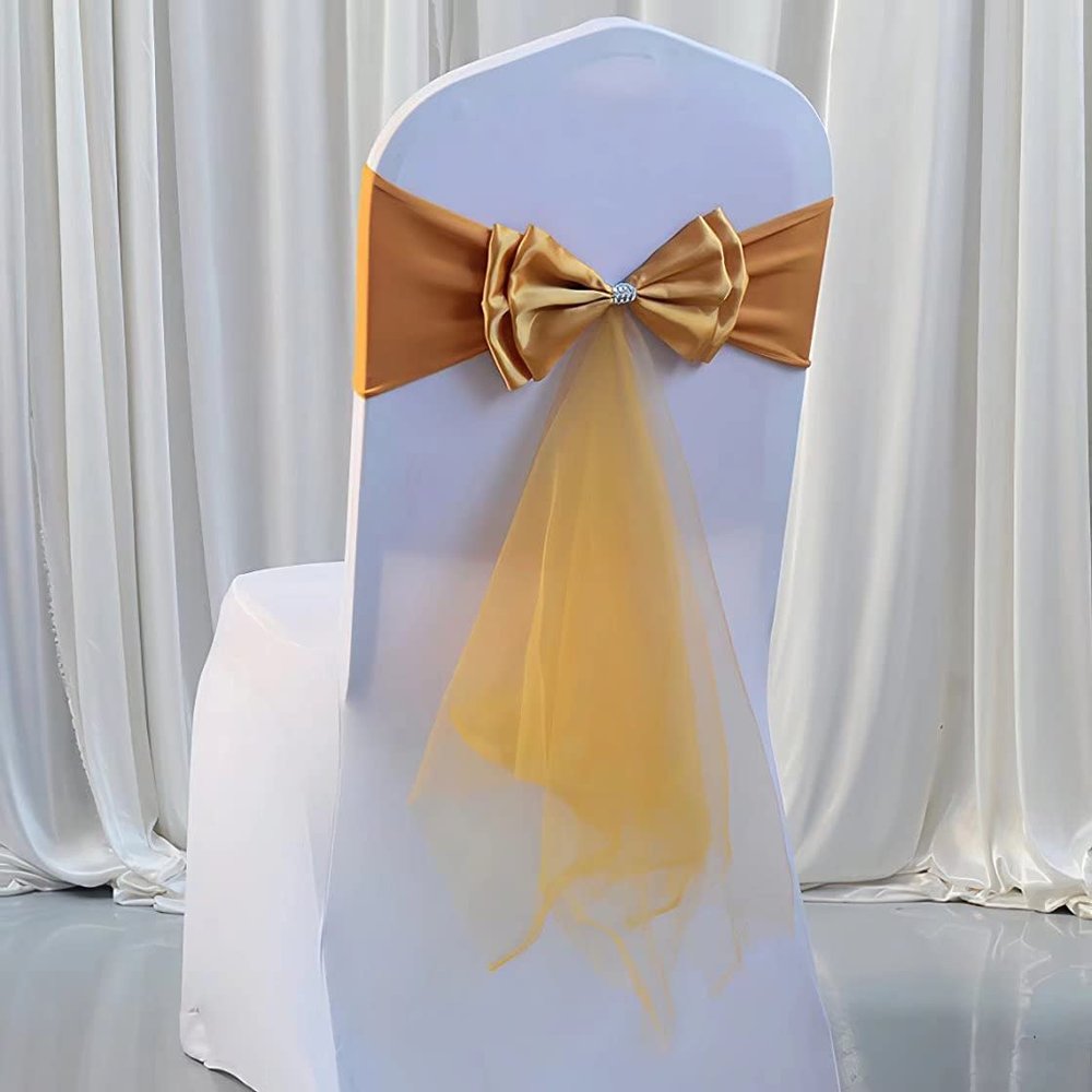 50Pcs Stretch Satin Chair Sashes Bows Chair Bands Decor for Hotel Wedding Reception Party Event Chair Cover Decoration Yellow