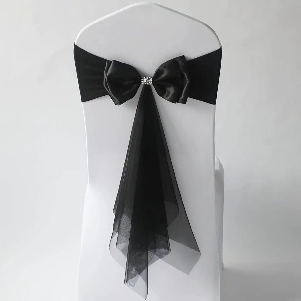 50Pcs Stretch Satin Chair Sashes Bows Chair Bands Decor for Hotel Wedding Reception Party Event Chair Cover Decoration Black