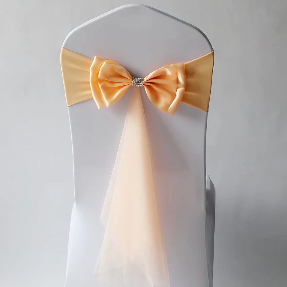 10Pcs Stretch Satin Chair Sashes Bows Chair Bands Decor for Hotel Wedding Reception Party Event Chair Cover Decoration Champagne