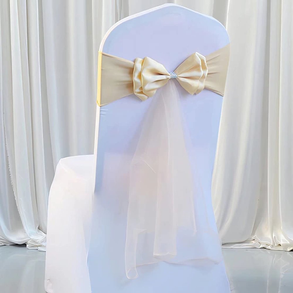 50Pcs Stretch Satin Chair Sashes Bows Chair Bands Decor for Hotel Wedding Reception Party Event Chair Cover Decoration Light Champagne