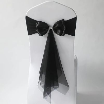 10Pcs Stretch Satin Chair Sashes Bows Chair Bands Decor for Hotel Wedding Reception Party Event Chair Cover Decoration Black