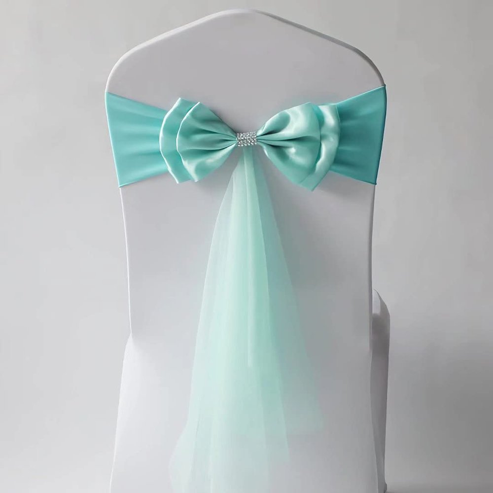 10Pcs Stretch Satin Chair Sashes Bows Chair Bands Decor for Hotel Wedding Reception Party Event Chair Cover Decoration Sky Blue