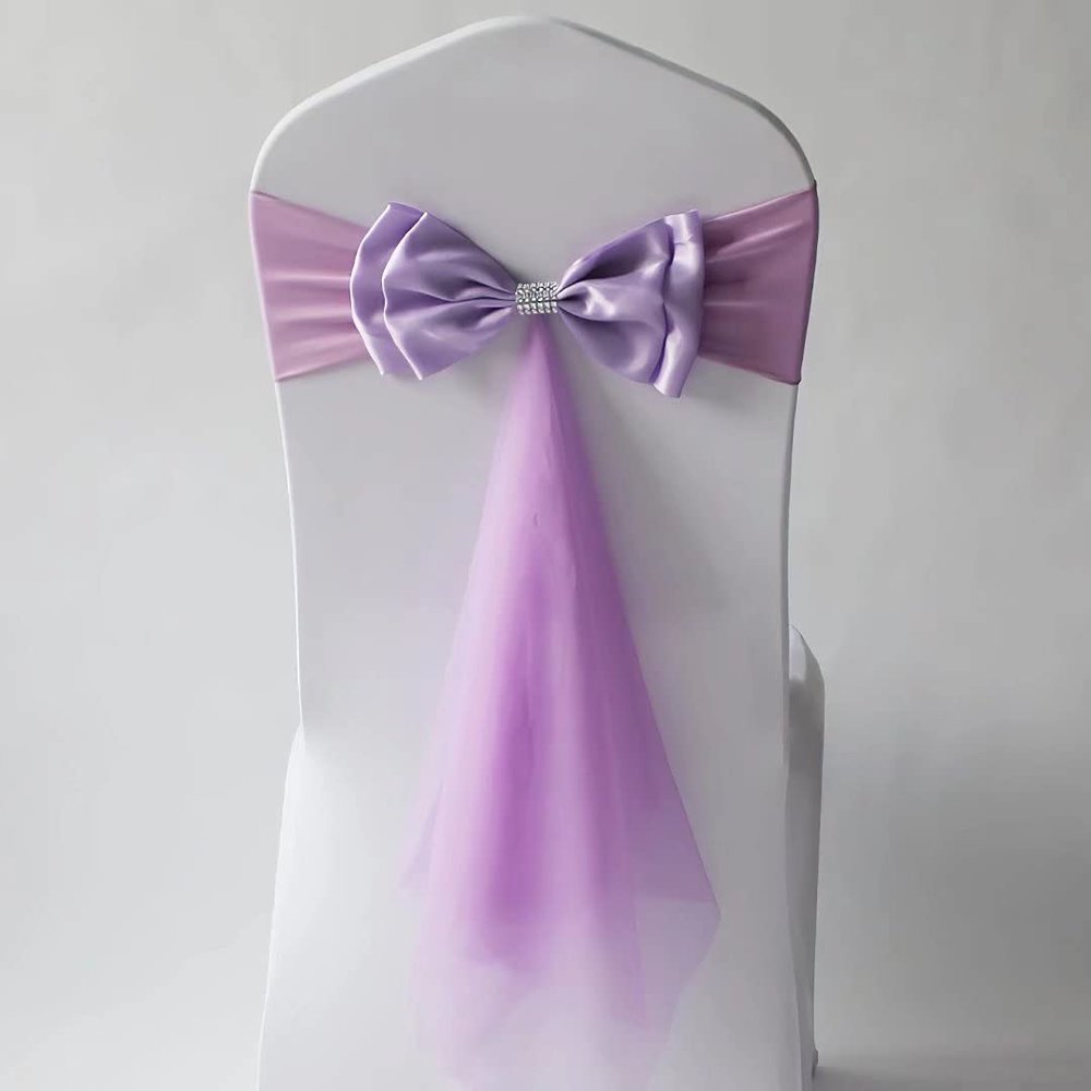 100Pcs Stretch Satin Chair Sashes Bows Chair Bands Decor for Hotel Wedding Reception Party Event Chair Cover Decoration Light Purple